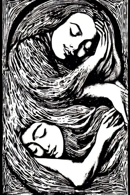 Prompt: sleeping beauty, art by james o barr and albrecht durer, surreal woodcut engraving, black and white, vector, vector art