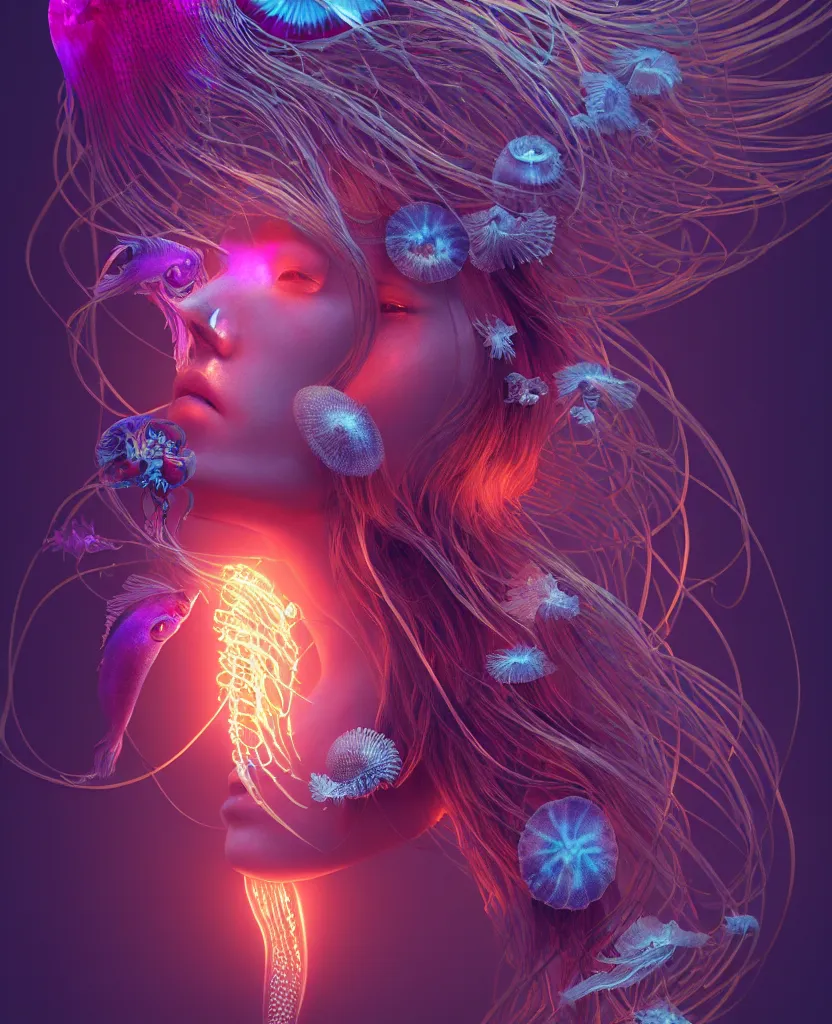 Image similar to goddess close-up portrait. jellyfish phoenix head, nautilus, orchid, skull, betta fish, bioluminiscent creatures, intricate artwork by Tooth Wu and wlop and beeple. octane render, trending on artstation, greg rutkowski very coherent symmetrical artwork. cinematic, hyper realism, high detail, octane render, 8k