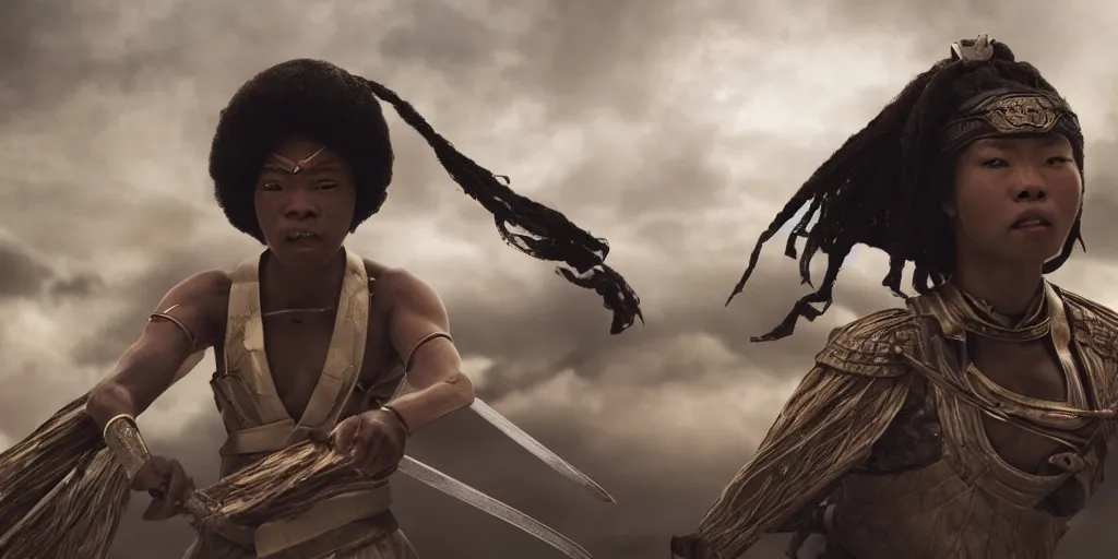 Image similar to a film still of a black woman starring in a japanese blockbuster film as ancient samurai, levitating mid air, intense, shallow depth of field, cinematic, award winning cgi, vfx, film still