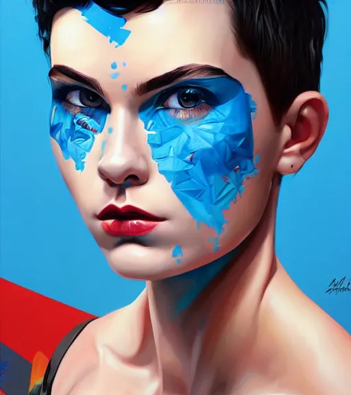 Image similar to portrait of a young beautiful female with blue short hair and blue eyes artwork by Sandra Chevrier, metaverse, artstation