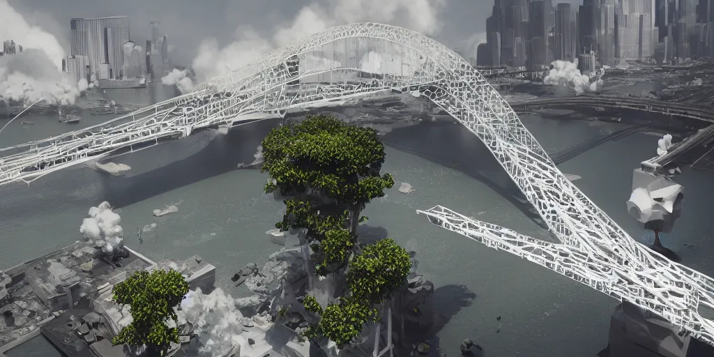 Image similar to explosions in the form of realistic white cotton plants on harbour bridge, huge white cotton everywhere on the destroyed harbour bridge, smooth, sharp focus, highly detailed, 3 d octane render, epic lighting, crazy atmosphere, lots of white cotton, 8 k, by goro fujita