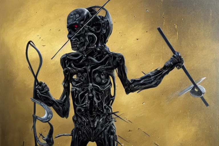 Image similar to Death itself with a scythe, dark God of artificial intelligence creating an artificial neural network with gold synapses on an anvil with his scythe, high resolution, award winning art, trending on art station, sharp image, incredibly detailed, detailed character, realistic painting, hyper-realistic painting, coherent painting, master piece by Kyozu Aroyama