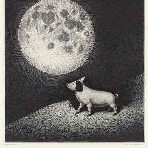 Image similar to pig in a tuxedo, in front of the moon, dark clouds, high detail, dramatic light, illustration by gustave dore