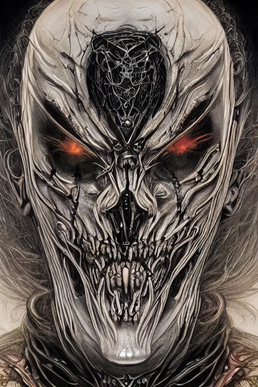 Image similar to Elden Ring and Doom themed painting of majestic chromatic biomechanical anatomical sinister vampire hybrid beautiful ethereal angel symmetrical neutral mask closeup face tattoo pattern golden ratio concept, Neo-Gothic concept, infinity glyph waves, intricate artwork masterpiece, very coherent artwork, cinematic, full frontal facial features by Artgerm, art by H.R. Giger, Joseph Michael Linsner, Zdizslaw Beksinski, Johnatan Wayshak, Moebius, Ayami Kojima, very anatomically coherent artwork, trending on cgsociety, ultra high quality model, production quality cinema model, high detail chromatic ink outline, octane render, unreal engine 8k, hyper realism, high detail, octane render, unreal engine, 8k, High contrast