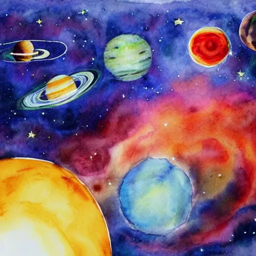 Prompt: planets colliding, space, stars, sun, earth, planets, explosions, huge explosions in space, watercolor art