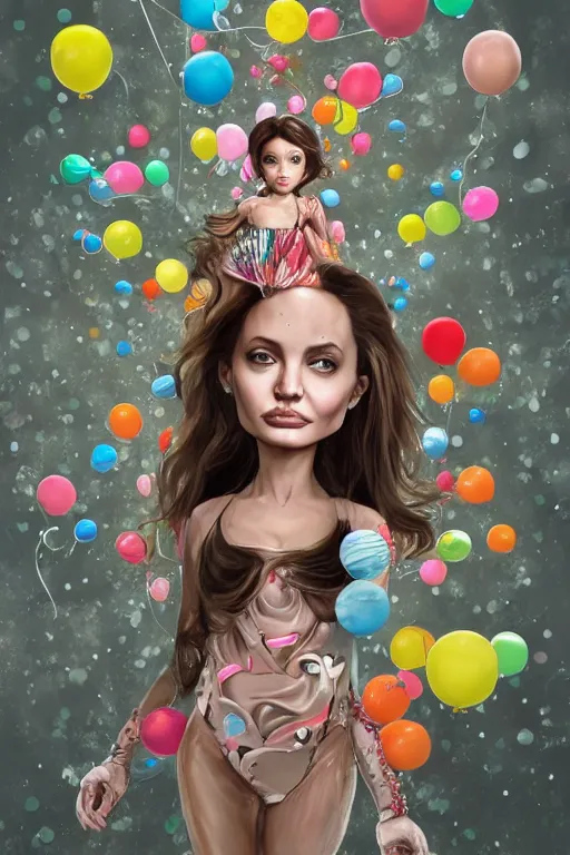 Image similar to young angelina jolie as an balloon woman dressed in intricate balloon clothing surrounded by tiny balloons, fantasy, wlop, trending on artstation, deviantart, anime key visual, official media, professional art, 8 k uhd