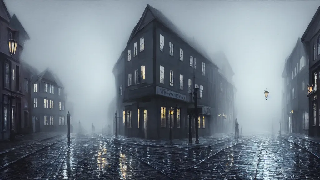 Image similar to the old town with houses in the windows of which the light is on. early morning, fog on ground, wet street. mike barr painting. volumetric light, dull colors, dark, noir arthouse, 3 5 mm, hight detalied, hd, 4 k