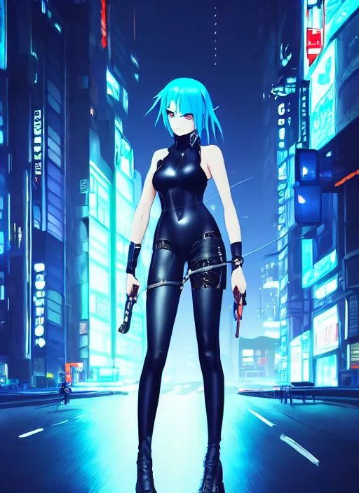 Image similar to hyper realistic photograph portrait of cyberpunk pretty girl with blue hair, beautiful blue eyes, wearing a full leather outfit, holding a whip, in city street at night, by makoto shinkai, ilya kuvshinov