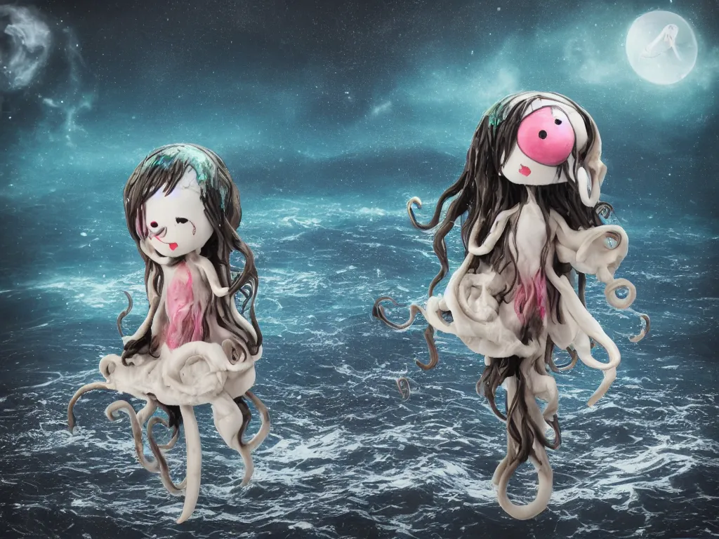 Image similar to cute fumo plush gothic octopus maiden alien girl swimming in the waves of the dark galactic abyss, tattered ragged gothic dress, ocean waves and reflective splashing water, ocean simulation, vignette, vray