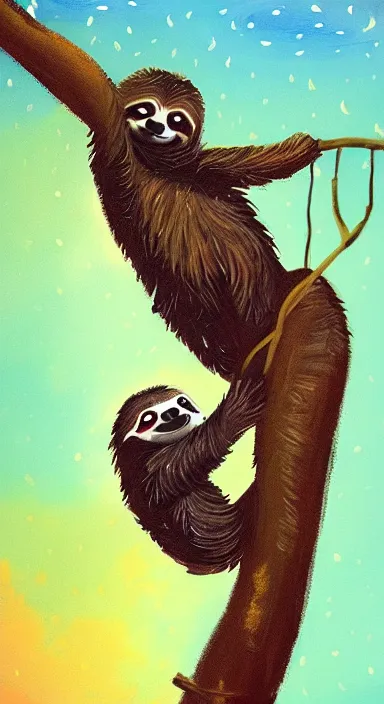 Image similar to a cute sloth hanging on a tree on a beautiful night with stars, everything made of thick flowing dramatic brush strokes, impressionist, matte colors, trending on artstation
