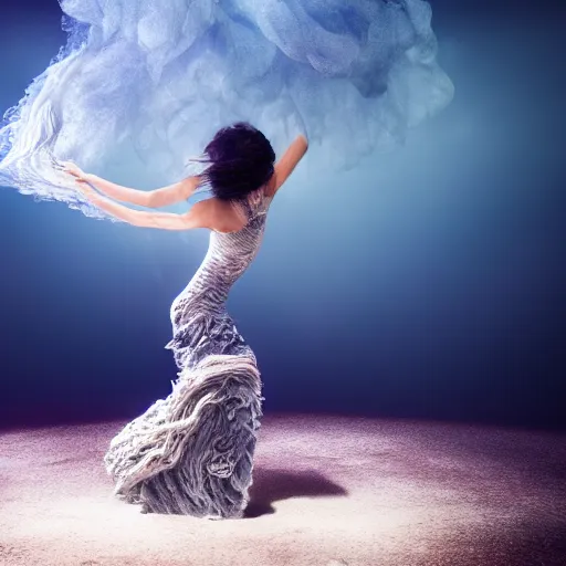 Image similar to manshaped swirling smoke beside woman dancing underwater wearing a flowing dress made of seaweed, school of tiny silver fish in the distant background, octane render, caustics lighting from sunlight above, cinematic