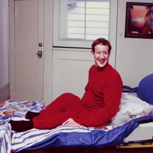 Image similar to mark zuckerberg in a pajama onesie getting tucked into a racecar bed by his mother circa 1 9 9 1