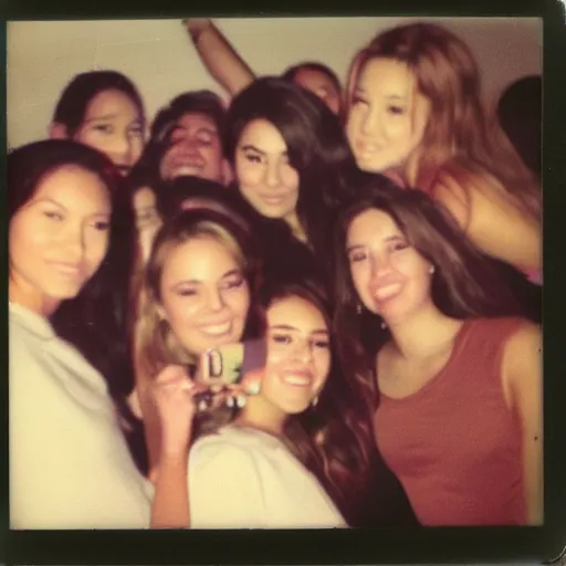 Prompt: faded polaroid photo of beautiful sorority girls at a wild college party, selfie polaroid