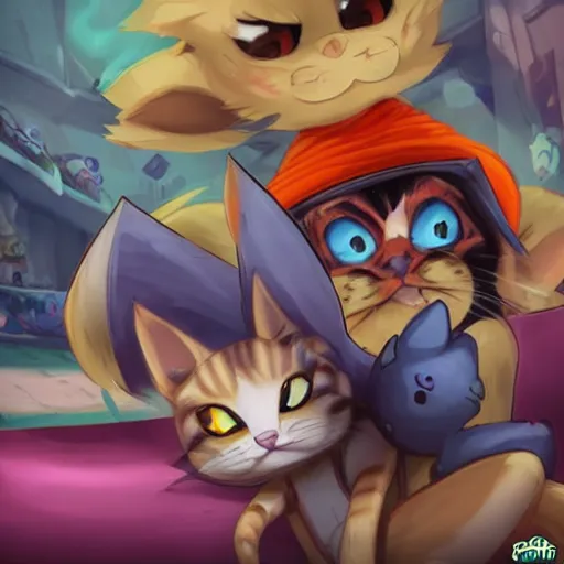 Image similar to yordles hanging out with a cat, TFT