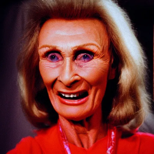 Image similar to 7 0 s film still from a horror movie of cloris leachman suffering from radiation induced moist desquamation, kodachrome, cinecolor, cinestill, film grain, film texture, retro, cinematic, high resolution, photorealism, - w 8 6 7