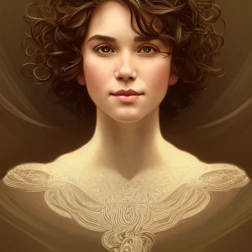 Image similar to full body portrait of a woman with short wavy hair, round face, cottagecore!!, lake water, intricate, enlightenment, highly detailed, digital painting, artstation, concept art, smooth, sharp focus, illustration, art by artgerm and greg rutkowski and alphonse mucha