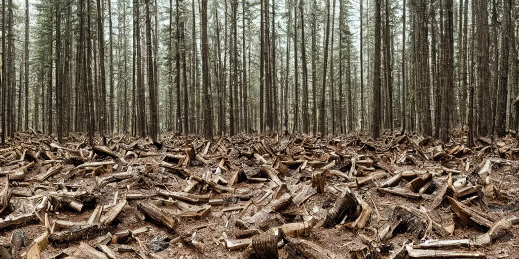 Image similar to photo of a wide clear - cut forest, tree stumps as far as the eye can see, sad, depressing hills, pacific northwest