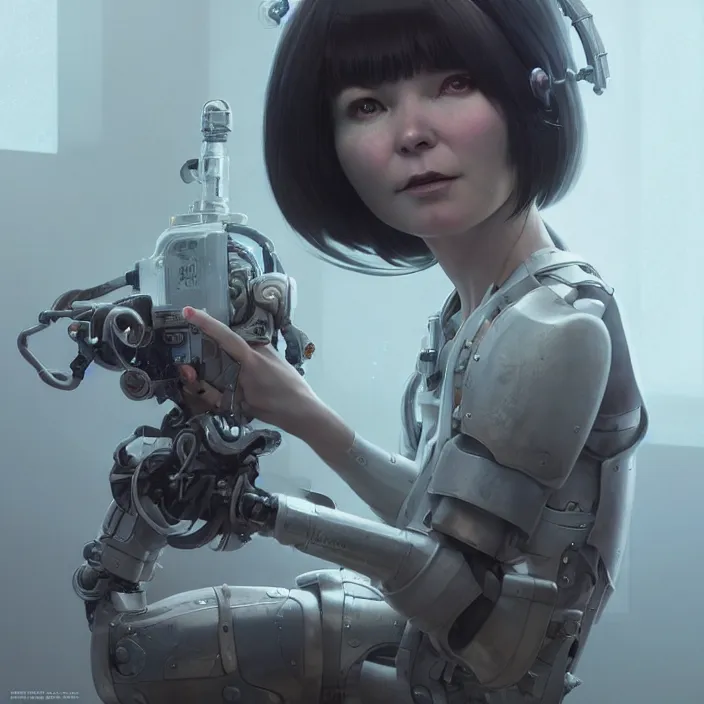 Image similar to bjork cyborg - by tom bagshaw, sitting on a metal table by ilya kuvshinov, rtx rendering, octane render 1 2 8 k, maya, extreme high intricate details by wlop, digital anime art by ross tran, medium shot, close up shot, composition by sana takeda, dramatic lighting by greg rutkowski