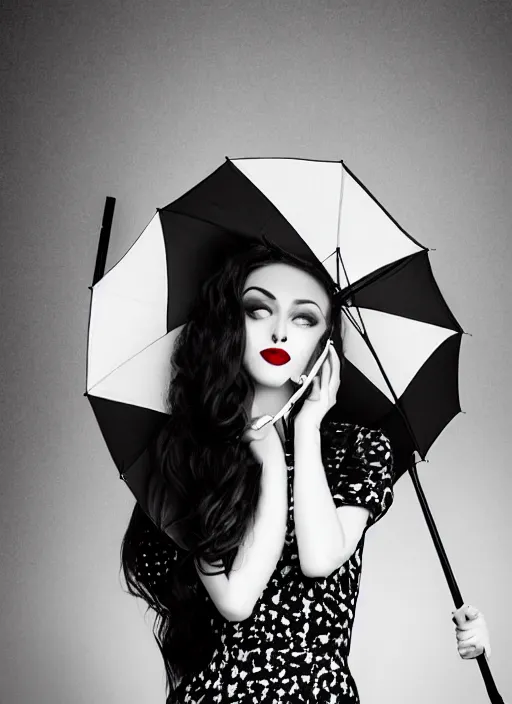 Prompt: a beautiful white pale skin girl, black and white, vibrent red lipstick, umbrella, hat