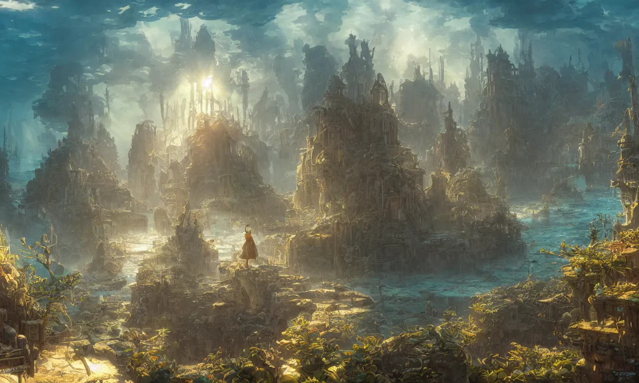 Image similar to a scenic landscaping view of the lost and abandoned city of Atlantic under water, ray of sunlight, mermaids in distance, Greg Rutkowski, Moebius, Mohrbacher, Mucha, blue and gold color scheme, ultra wide angle, ultra detailed, light effect