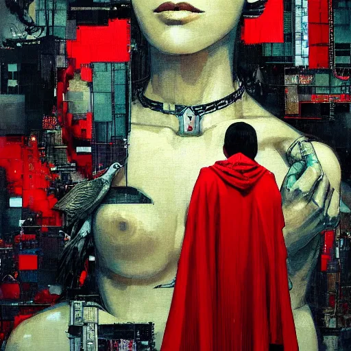 Prompt: portrait of a daydreaming melancholic latina woman in a red hood monk custome being progressively rasterized into pixels, surrounded by digital birds and a giant loving mecha robot, oil on canvas by yoji shinkawa, esao andrews and dave mckean