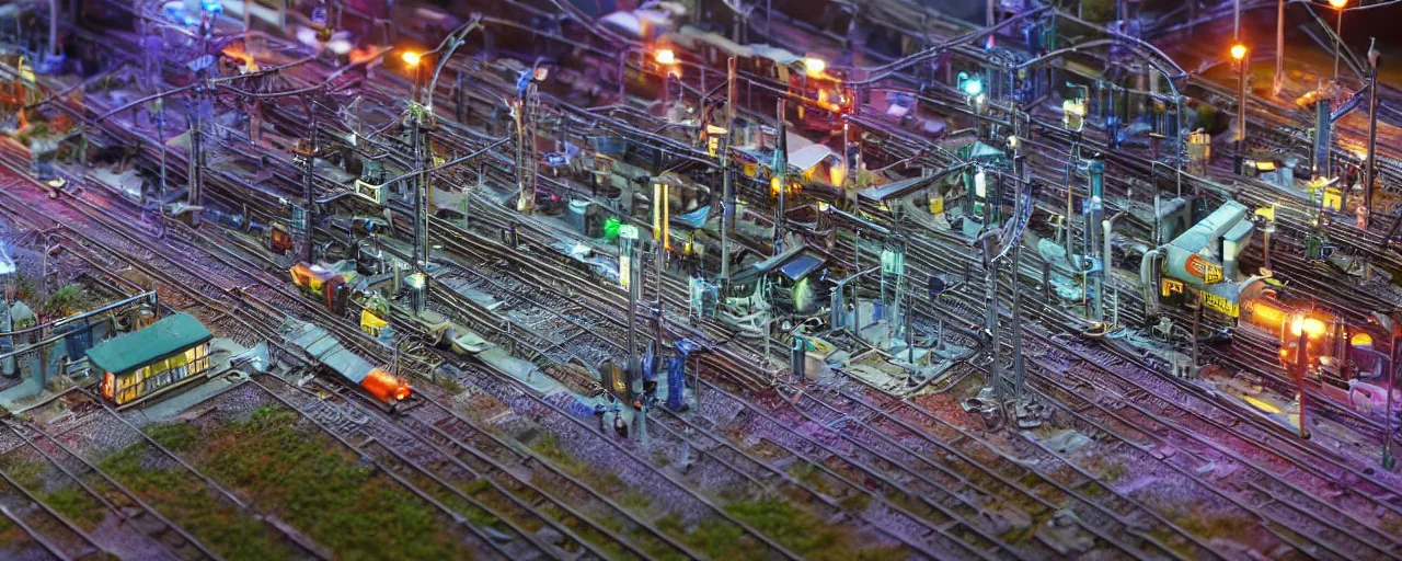 Prompt: mega detailed miniature voxel diorama of huge railway junction, futuristic architecture, tilt shift, industrial lights, by night clean and sterile atmosphere, several trains nearby, near future 2 0 3 0