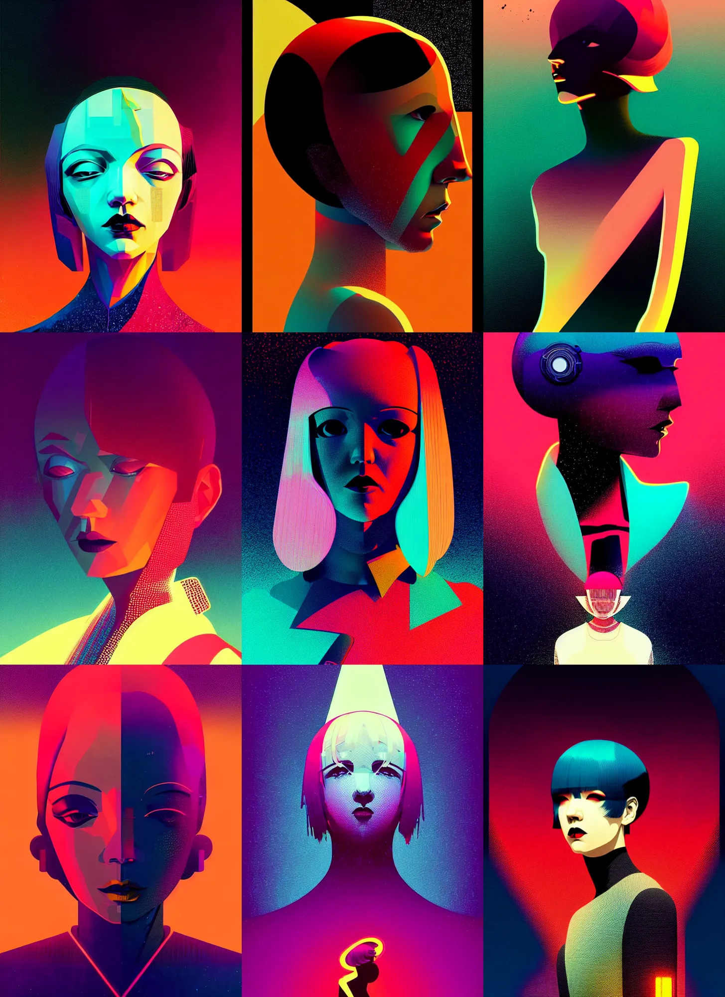 Prompt: ( ( dither ) ), editorial illustration portrait of reol, dynamic pose, modern art deco, colorful, ( ( mads berg ) ), christopher balaskas, victo ngai, rich grainy texture, detailed, dynamic composition, wide angle, moebius, matte print, constellations!!!, ( ( glitched ) )