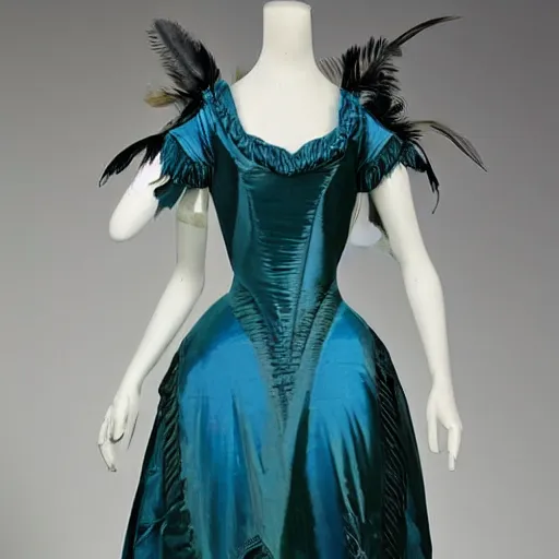 Prompt: the decorative detail of padded satin rouleaux are applied lavishly to this 1 8 2 0 s blue and green gauze dress. the feather pattern is an ethereal choice in gauze, overlaid with the couched loops of ivory silk. - n 9