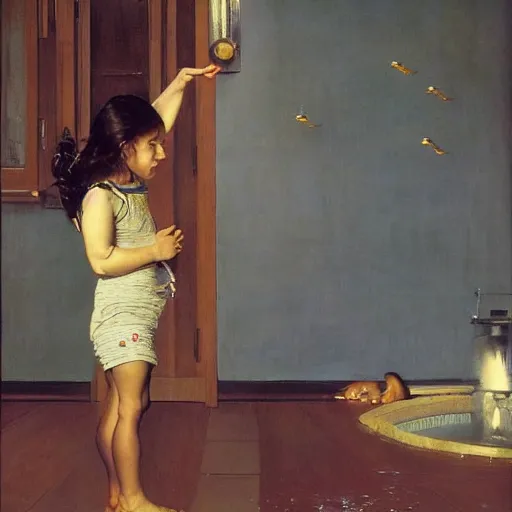 Image similar to a girl levitating in a room full of water extremely detailed masterpiece, Roger Deakin’s cinematography, oil on canvas, Norman Rockwell