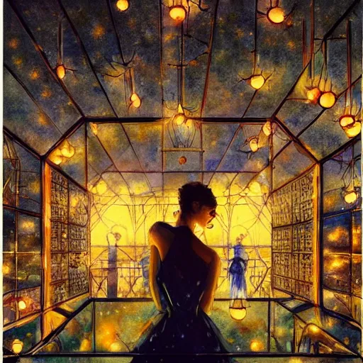 Prompt: a beautiful watercolour painting of symmetrical crystal glass subjects surrounded by magical lighting and glowing fireflies in a building, art by Yeong-Hao Han, Paul Delvaux, Gil Elvgren, Mati Klarwein, trending on artstation