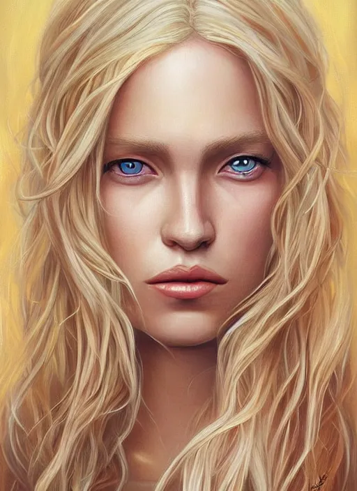 Image similar to a painting of a woman with long blonde hair, a photorealistic painting by magali villeneuve, featured on cgsociety, fantasy art, detailed painting, storybook illustration, photorealistic