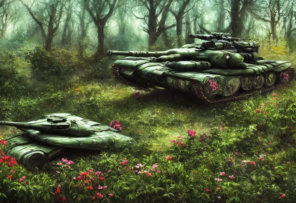 Prompt: shiny futuristic military tank in a very fertile green forest environment with flowers and fantastic animals, fantasy art, scifi art, airbrush