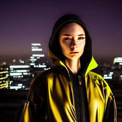 Image similar to photographic portrait of a techwear woman, closeup, on the rooftop of a futuristic city at night, sigma 85mm f/1.4, 4k, depth of field, high resolution, full color