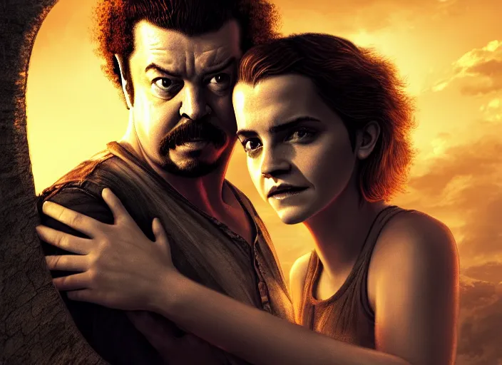 Prompt: danny mcbride and emma watson in apocalypse, golden hour, digital art, loving embrace, trending on artstation