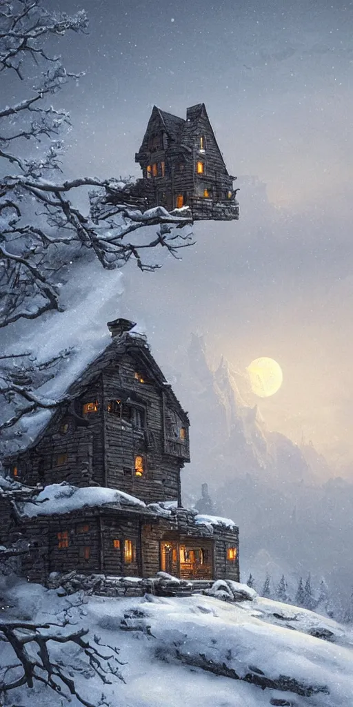 Image similar to a cabin castle on the top of a snowy mountain, crescent moon, greg rutkowski, 8 k, shallow depth of field, intricate detail, concept art,