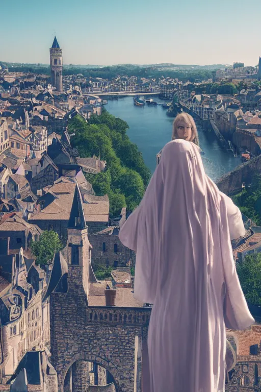 Image similar to a beautiful picture of overlook of medieval city, a girl stands on top of a bridge, detailed, 8 k