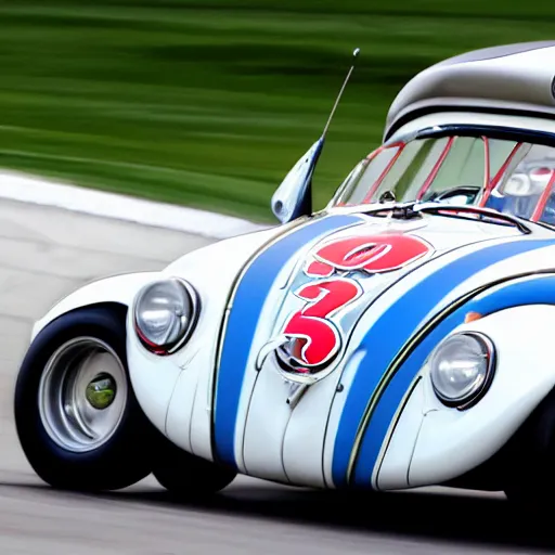 Prompt: close - up sports shot of'herbie the love bug'race car imax, 7 0 mm, movie still