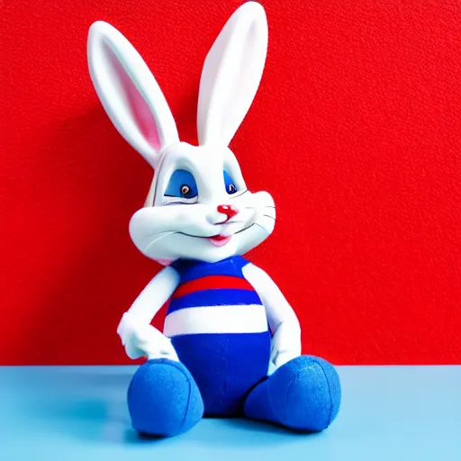 Prompt: photo of a bugs bunny toy sitting infront of a red wall with blue stripes