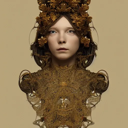 Prompt: a beautiful girl made of ivory and gold, highly intricate, digital art, very detailed, in the style of a weird and dark eerie liminal art nouveau flemish painting, 8k, octane render