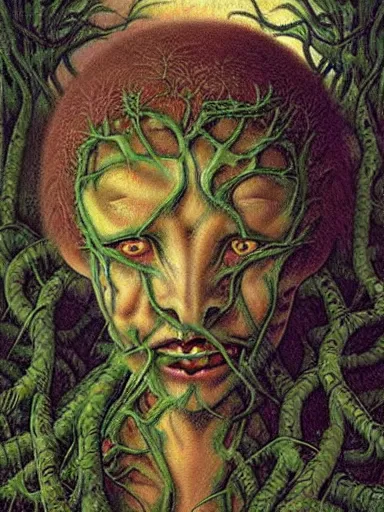 Image similar to The Hanging-Gardens of Pareidolia, ivy, verbena and pothos growing facial features and optical-illusions!!!!!, aesthetic, by Gerald Brom in the style of Johfra Bosschart in the style of,