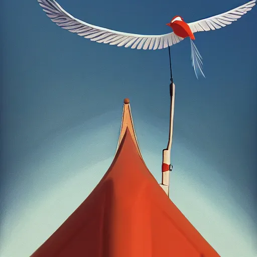 Image similar to goro fujita ilustration view from the sky of a bird with open wings with feathers flying above a fishing boat in the middle of the ocean, painting by goro fujita, sharp focus, highly detailed, artstation