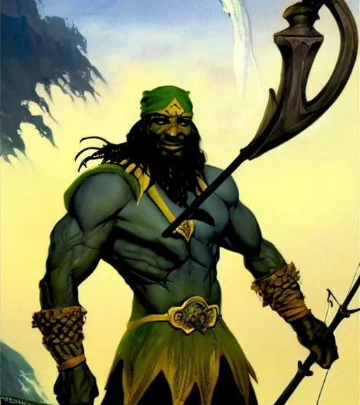 Image similar to magic : the gathering fantasy character concept art by frank frazetta and marco bucci, high resolution. a clear portrait of a 3 0 - year old athletic male jamaican, fisherman, wearing yellow green black calico clothing, magical fishing rod weapon, jamaican ocean flowing in the background, symmetry, fantasy coloring, intricate, 8 k, digital painting, artstation, smooth, sharp focus