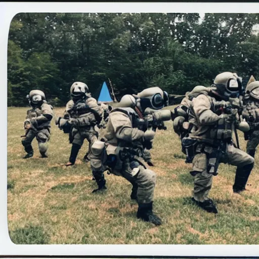 Prompt: Polaroid photo of a SWAT team of furry fandom fursuiters with tails engaging in a training exercise at the FBI Academy in Quantico, Virginia.