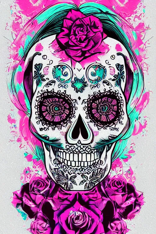 Prompt: Illustration of a sugar skull day of the dead girl, art by liam wong