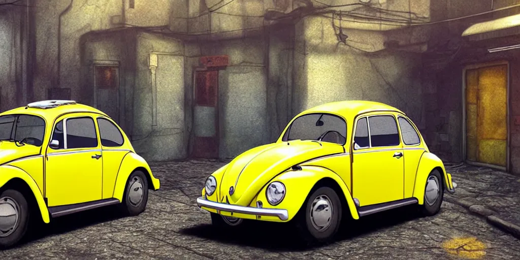 Image similar to a wholesome animation key shot of a focused old yellow beetle Volkswagen car parked in an abandoned alleyway, medium shot, waist up, studio Ghibli, Pixar and Disney animation, sharp, very detailed, high resolution, Rendered in Unreal Engine 5, anime key art by Greg Rutkowski, Bloom, dramatic lighting