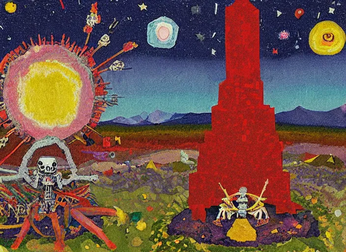 Image similar to pixel decollage painting tarot lovers card composition tower of babel road red armor maggot bear and wonky alien frog skeleton knight on a horse in a dark red cloudy night sky with golden foil jewish stars and diamonds, mountain lake and blossoming field in background, painted by Mark Rothko, Helen Frankenthaler, Danny Fox and Hilma af Klint, pixelated, neo expressionism, semi naive, pastel colors, cinematic, color field painting, cave painting, voxel, pop art look, outsider art, minimalistic. Bill Traylor painting, part by Philip Guston, Amano and Francis Bacon. art by Adrian Ghenie, very coherent symmetrical artwork, cinematic, hyper realism, high detail, octane render, unreal engine, Smooth gradients, depth of field, full body character drawing, extremely detailed, 8k, extreme detail, intricate detail, masterpiece