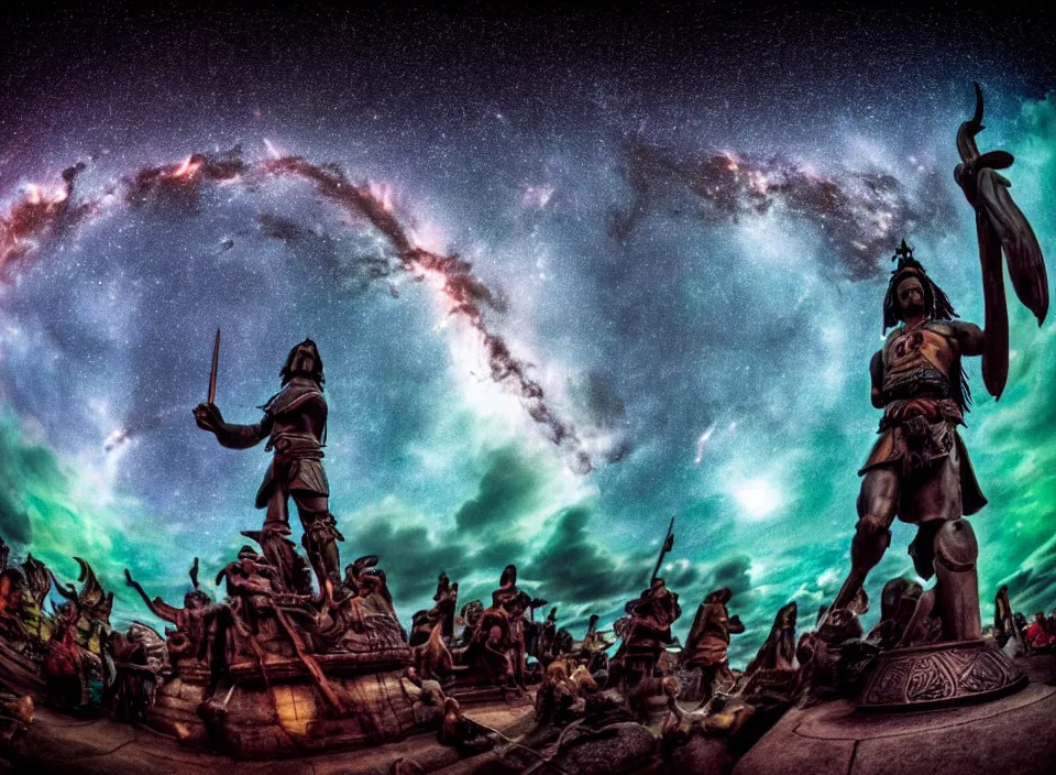 Prompt: Dutch angle Fisheye lens way too close glowing futuristic warrior statue chanting tribesmen worshipping in the center of their village. Ominous clouds and smoke from the fire. 1100 AD. The Milky Way Galaxy is visible in the night sky along with many constellations and nebulas. Cinematic, Award winning, ultra high resolution, intricate details, UHD 8K. Rendered with autodesk arnold unreal engine octane render Lumion Blender Maxwell.