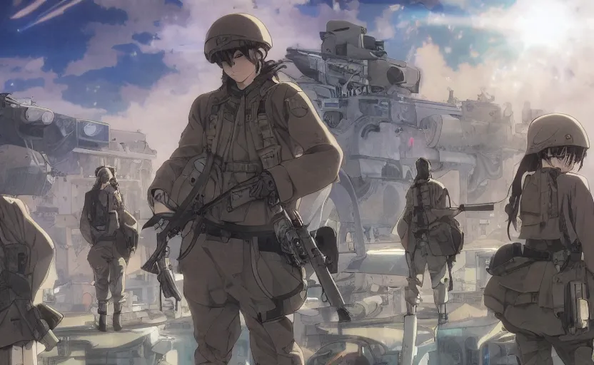 Image similar to anime style, modern warfare, panoramic view, searchlights in background, soldier clothing, hair down, real faces, symmetrical facial features, from arknights, hyper realistic, wallpaper, detailed drawing, trending pixiv, safebooru, volumetric modelling, think in 3 d, by alphonse mucha, greg rutkowski, sharp focus, backlit, mechanized transport