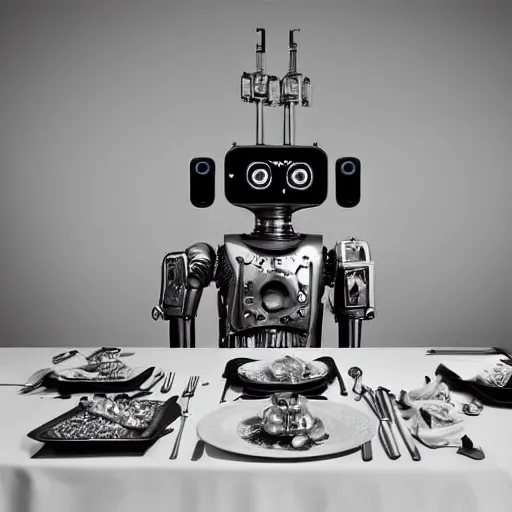 Prompt: a robot last supper highly detailed, hyper realistic, photographic, wide angle lens:: in the style of Richard Avedon, Patrick Demarchelier, Vogue, Baron Adolphe De Meyer