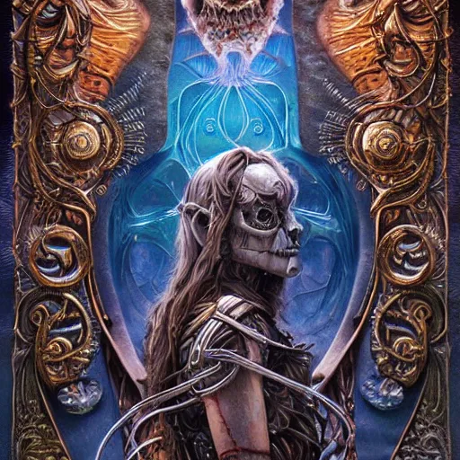 Prompt: A beautiful detailed cyborg tarot card, by tomasz alen kopera and Justin Gerard, symmetrical features, ominous, magical realism, texture, intricate, ornate, royally decorated, mechanic, skeleton, whirling smoke, embers, red adornements, blue torn fabric, radiant colors, fantasy, trending on artstation, volumetric lighting, micro details, 3d sculpture, ray tracing, 8k, anaglyph effect, digital art
